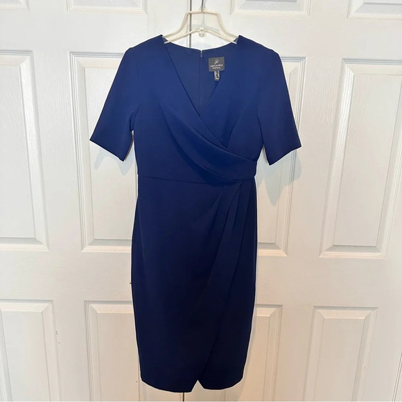ADRIANNA PAPELL V-Neck Side Ruched Faux Wrap Navy Dress Size 4 Retail $160 - Picture 7 of 15